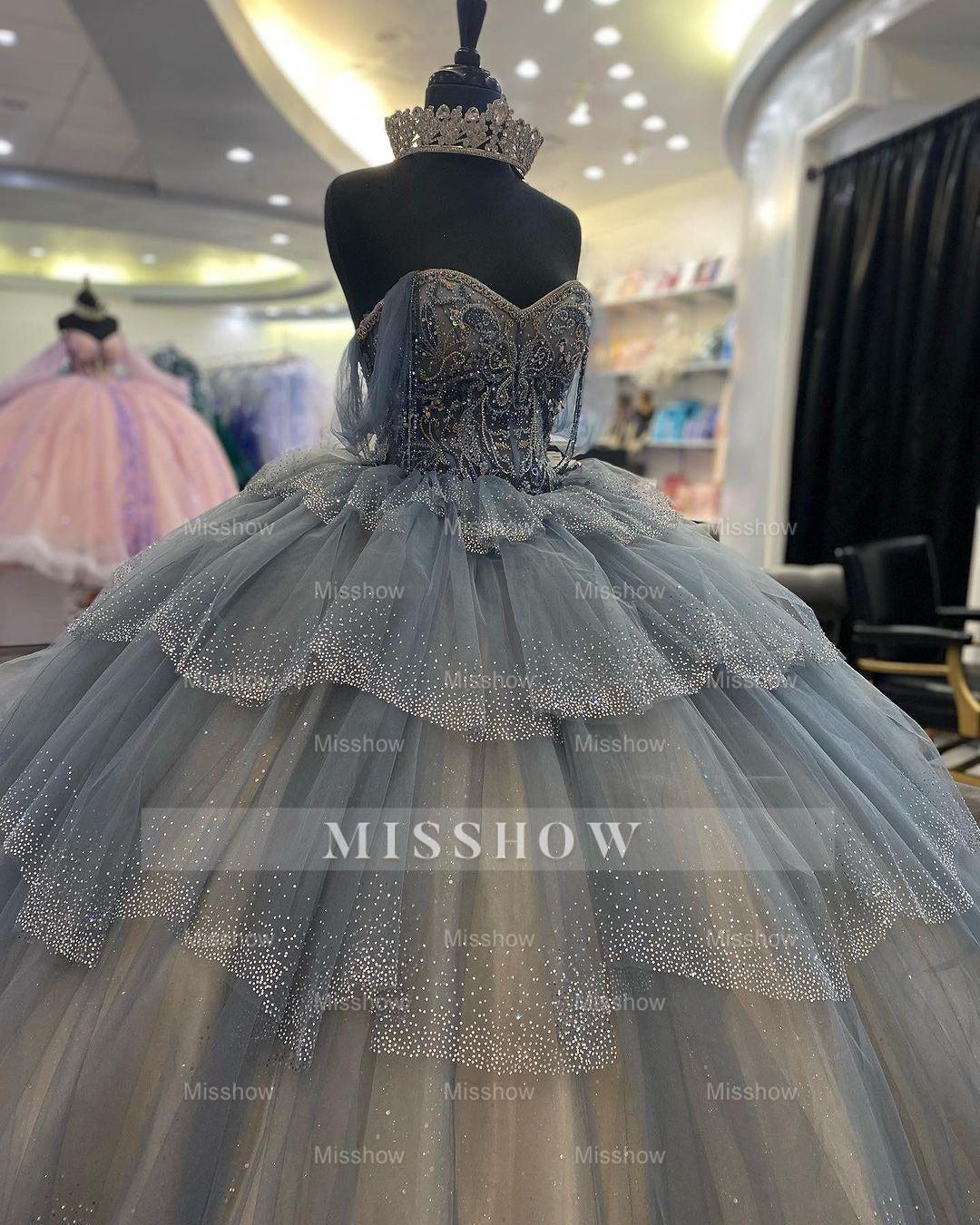 Misshow Exquisite Off-Shoulder Sweetheart Ball Gown Tiered Tulle Princess Dress for Quinceanera & Sweet 16