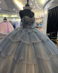 Misshow Exquisite Off-Shoulder Sweetheart Ball Gown Tiered Tulle Princess Dress for Quinceanera & Sweet 16