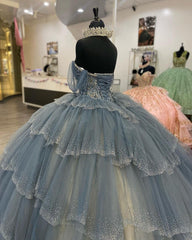 Misshow Exquisite Off-Shoulder Sweetheart Ball Gown Tiered Tulle Princess Dress for Quinceanera & Sweet 16