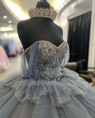 Misshow Exquisite Off-Shoulder Sweetheart Ball Gown Tiered Tulle Princess Dress for Quinceanera & Sweet 16