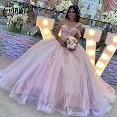 Misshow Exquisite One-Shoulder Ball Gown with 3D Floral Lace Appliques Pink Tulle Princess Dress for Quinceanera & Sweet 16