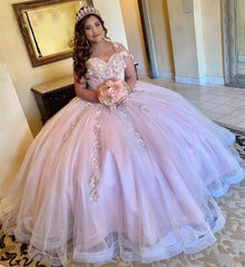 Misshow Exquisite One-Shoulder Ball Gown with 3D Floral Lace Appliques Pink Tulle Princess Dress for Quinceanera & Sweet 16