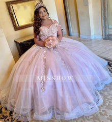 Misshow Exquisite One-Shoulder Ball Gown with 3D Floral Lace Appliques Pink Tulle Princess Dress for Quinceanera & Sweet 16
