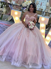 Misshow Exquisite One-Shoulder Ball Gown with 3D Floral Lace Appliques Pink Tulle Princess Dress for Quinceanera & Sweet 16