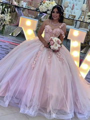 Misshow Exquisite One-Shoulder Ball Gown with 3D Floral Lace Appliques Pink Tulle Princess Dress for Quinceanera & Sweet 16