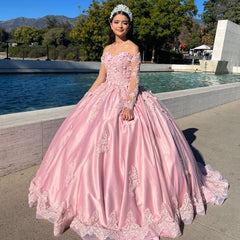 Misshow Exquisite Pink Satin Quinceanera Dress Off-Shoulder Ball Gown with Lace Appliques & Beaded Details for Sweet 16 Celebrations