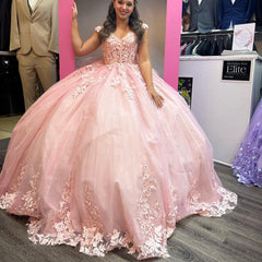 Misshow Exquisite Pink Tulle Ball Gown Sweetheart Neckline with Delicate Lace Appliques Perfect for Quinceanera Sweet 16 & Formal Events