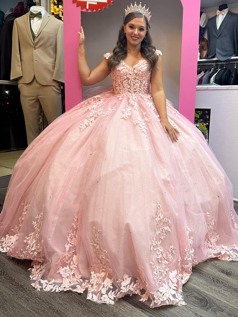 Misshow Exquisite Pink Tulle Ball Gown Sweetheart Neckline with Delicate Lace Appliques Perfect for Quinceanera Sweet 16 & Formal Events