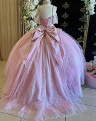 Misshow Exquisite Pink Tulle Ball Gown Sweetheart Neckline with Off-Shoulder Spaghetti Straps & Lace Appliques for Quinceanera Sweet 16 and Prom