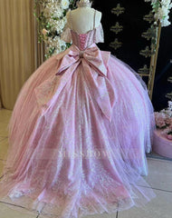 Misshow Exquisite Pink Tulle Ball Gown Sweetheart Neckline with Off-Shoulder Spaghetti Straps & Lace Appliques for Quinceanera Sweet 16 and Prom