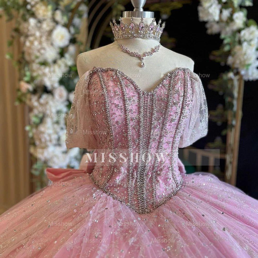 Misshow Exquisite Pink Tulle Ball Gown Sweetheart Neckline with Off-Shoulder Spaghetti Straps & Lace Appliques for Quinceanera Sweet 16 and Prom