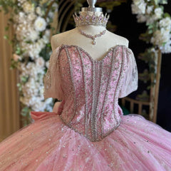 Misshow Exquisite Pink Tulle Ball Gown Sweetheart Neckline with Off-Shoulder Spaghetti Straps & Lace Appliques for Quinceanera Sweet 16 and Prom