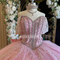 Misshow Exquisite Pink Tulle Ball Gown Sweetheart Neckline with Off-Shoulder Spaghetti Straps & Lace Appliques for Quinceanera Sweet 16 and Prom