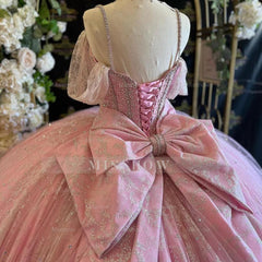 Misshow Exquisite Pink Tulle Ball Gown Sweetheart Neckline with Off-Shoulder Spaghetti Straps & Lace Appliques for Quinceanera Sweet 16 and Prom