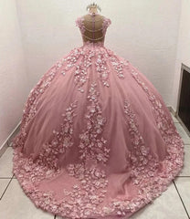 Misshow Exquisite Pink Tulle Princess Gown Sweetheart Neckline 3D Floral Appliques & Beaded Elegance for Quinceanera & Sweet 16
