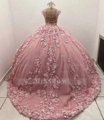 Misshow Exquisite Pink Tulle Princess Gown Sweetheart Neckline 3D Floral Appliques & Beaded Elegance for Quinceanera & Sweet 16