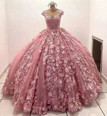 Misshow Exquisite Pink Tulle Princess Gown Sweetheart Neckline 3D Floral Appliques & Beaded Elegance for Quinceanera & Sweet 16