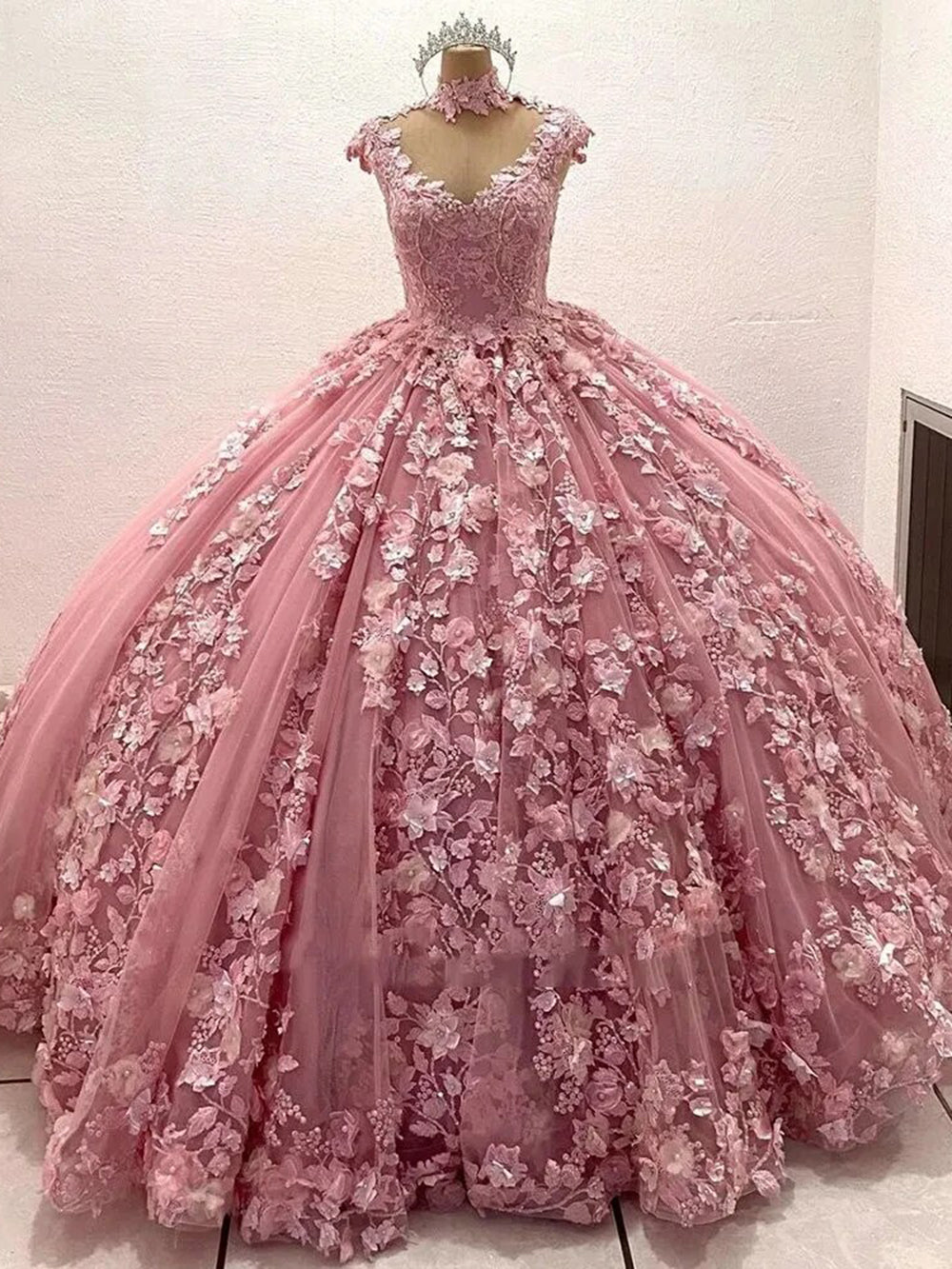 Misshow Exquisite Pink Tulle Princess Gown Sweetheart Neckline 3D Floral Appliques & Beaded Elegance for Quinceanera & Sweet 16