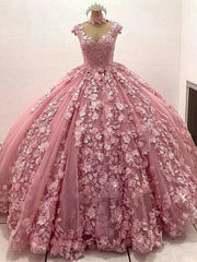 Misshow Exquisite Pink Tulle Princess Gown Sweetheart Neckline 3D Floral Appliques & Beaded Elegance for Quinceanera & Sweet 16