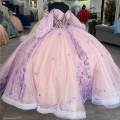 Misshow Exquisite Pink Tulle Quinceanera Dress Off-Shoulder Ball Gown with 3D Butterfly Appliques & Beaded Detailing for Sweet 16