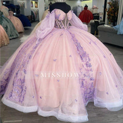 Misshow Exquisite Pink Tulle Quinceanera Dress Off-Shoulder Ball Gown with 3D Butterfly Appliques & Beaded Detailing for Sweet 16
