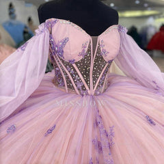 Misshow Exquisite Pink Tulle Quinceanera Dress Off-Shoulder Ball Gown with 3D Butterfly Appliques & Beaded Detailing for Sweet 16