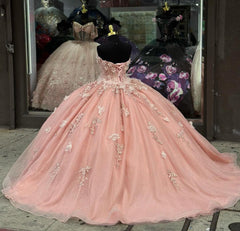 Misshow Exquisite Pink Tulle Quinceanera Dress Off-Shoulder Sweetheart Neckline with Lace Appliques & Beaded Detailing for Sweet 16 & Evening Galas