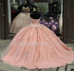 Misshow Exquisite Pink Tulle Quinceanera Dress Off-Shoulder Sweetheart Neckline with Lace Appliques & Beaded Detailing for Sweet 16 & Evening Galas