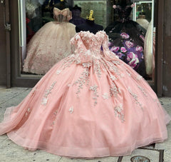 Misshow Exquisite Pink Tulle Quinceanera Dress Off-Shoulder Sweetheart Neckline with Lace Appliques & Beaded Detailing for Sweet 16 & Evening Galas
