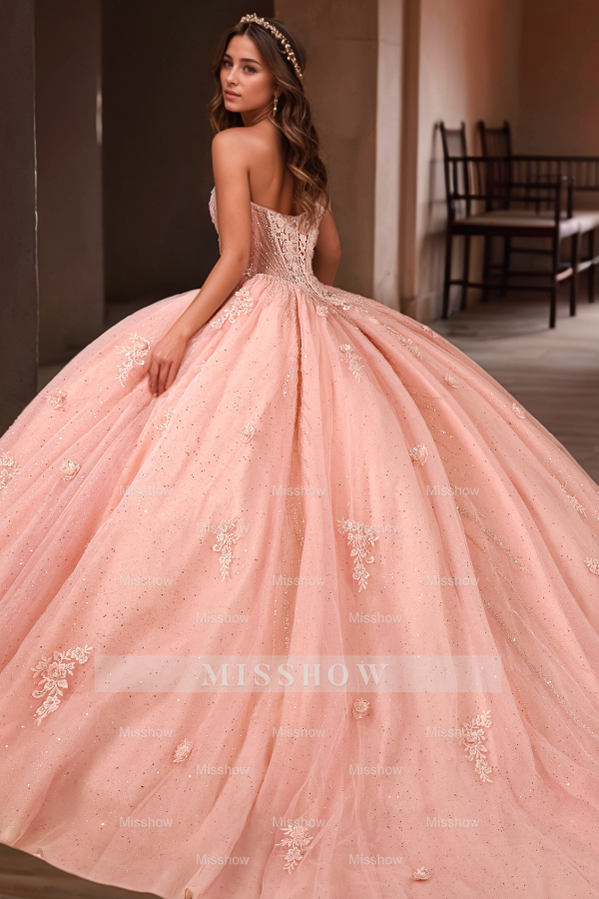Misshow Exquisite Pink Tulle Quinceanera Dress Sweetheart Neckline with Delicate Spaghetti Straps & Floral Lace Appliques