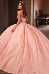 Misshow Exquisite Pink Tulle Quinceanera Dress Sweetheart Neckline with Delicate Spaghetti Straps & Floral Lace Appliques