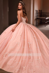 Misshow Exquisite Pink Tulle Quinceanera Dress Sweetheart Neckline with Delicate Spaghetti Straps & Floral Lace Appliques