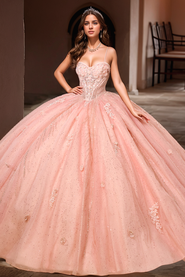 Misshow Exquisite Pink Tulle Quinceanera Dress Sweetheart Neckline with Delicate Spaghetti Straps & Floral Lace Appliques