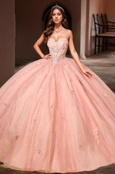 Misshow Exquisite Pink Tulle Quinceanera Dress Sweetheart Neckline with Delicate Spaghetti Straps & Floral Lace Appliques