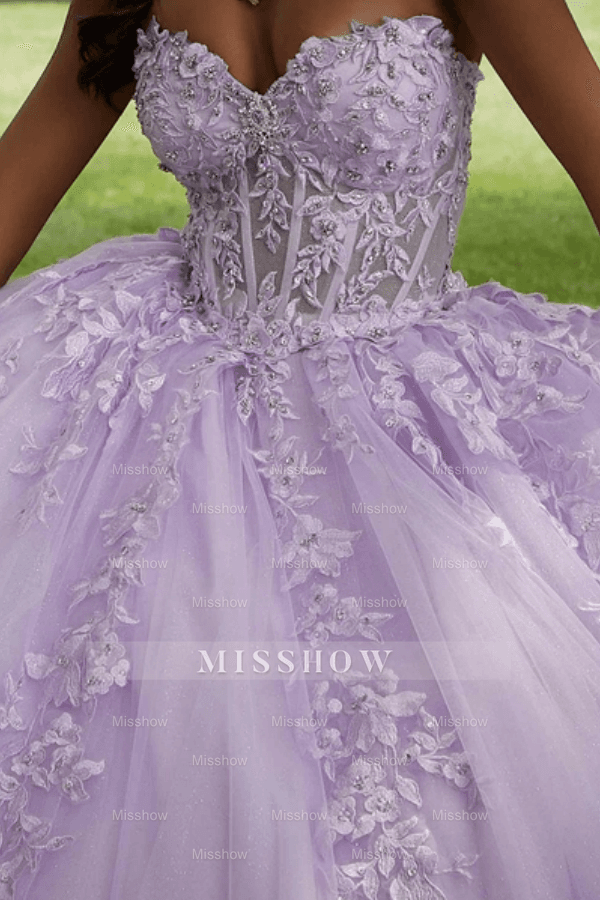 Misshow Exquisite Purple Quinceanera Dress Sweetheart Neckline Beaded 3D Flower Appliques & Lace-Up Bow Ball Gown for Sweet 16 & Special Occasions
