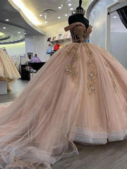 Misshow Exquisite Rose Pink Quinceanera Dress Off-Shoulder Lace & Sequins Ball Gown with Sweep Train for Sweet 16 & Princess Galas