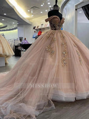 Misshow Exquisite Rose Pink Quinceanera Dress Off-Shoulder Lace & Sequins Ball Gown with Sweep Train for Sweet 16 & Princess Galas