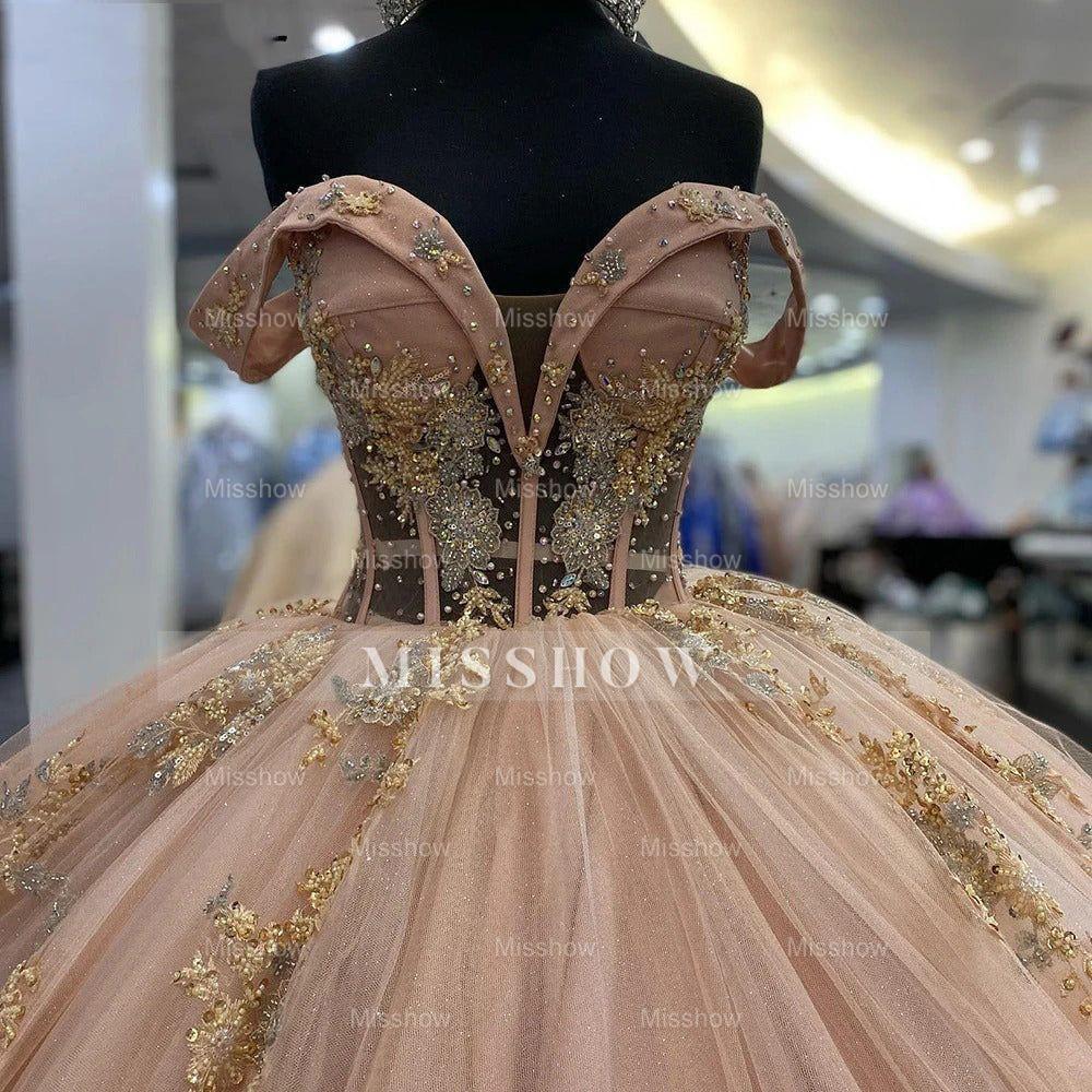 Misshow Exquisite Rose Pink Quinceanera Dress Off-Shoulder Lace & Sequins Ball Gown with Sweep Train for Sweet 16 & Princess Galas