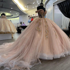 Misshow Exquisite Rose Pink Quinceanera Dress Off-Shoulder Lace & Sequins Ball Gown with Sweep Train for Sweet 16 & Princess Galas