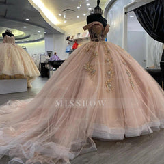 Misshow Exquisite Rose Pink Quinceanera Dress Off-Shoulder Lace & Sequins Ball Gown with Sweep Train for Sweet 16 & Princess Galas