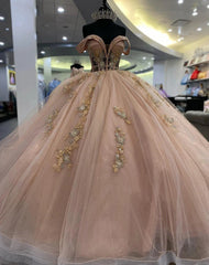 Misshow Exquisite Rose Pink Quinceanera Dress Off-Shoulder Lace & Sequins Ball Gown with Sweep Train for Sweet 16 & Princess Galas