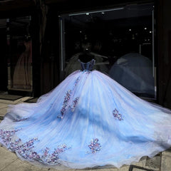Misshow Exquisite Royal Blue Ball Gown Sweetheart Neckline with 3D Floral Lace Appliques Tulle Princess Quinceanera Dress for Sweet 16 & Evening Galas