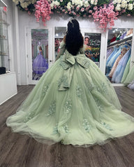 Misshow Exquisite Sage Green Quinceanera Dress Sweetheart Neckline Detachable Long Sleeves & Feather Bow Elegance