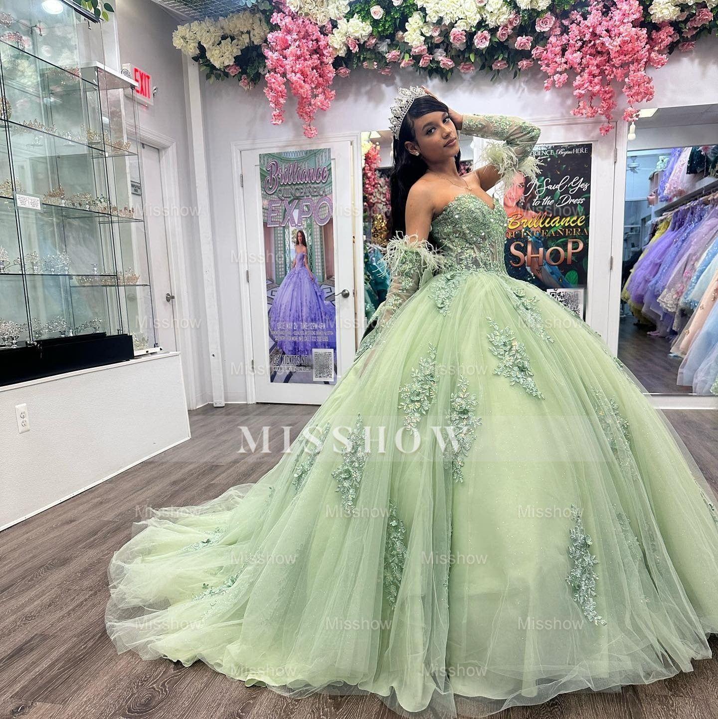 Misshow Exquisite Sage Green Quinceanera Dress Sweetheart Neckline Detachable Long Sleeves & Feather Bow Elegance