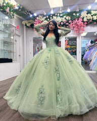 Misshow Exquisite Sage Green Quinceanera Dress Sweetheart Neckline Detachable Long Sleeves & Feather Bow Elegance