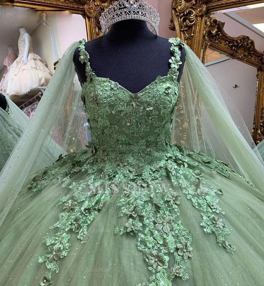 Misshow Exquisite Sage Green Tulle Quinceanera Dress Strapless Ball Gown with Delicate Lace Appliques for Sweet 16