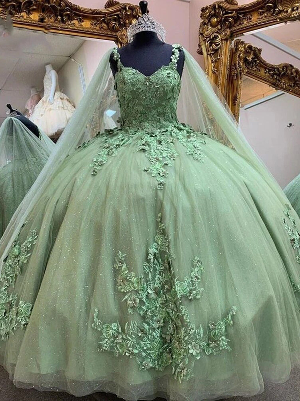 Misshow Exquisite Sage Green Tulle Quinceanera Dress Strapless Ball Gown with Delicate Lace Appliques for Sweet 16