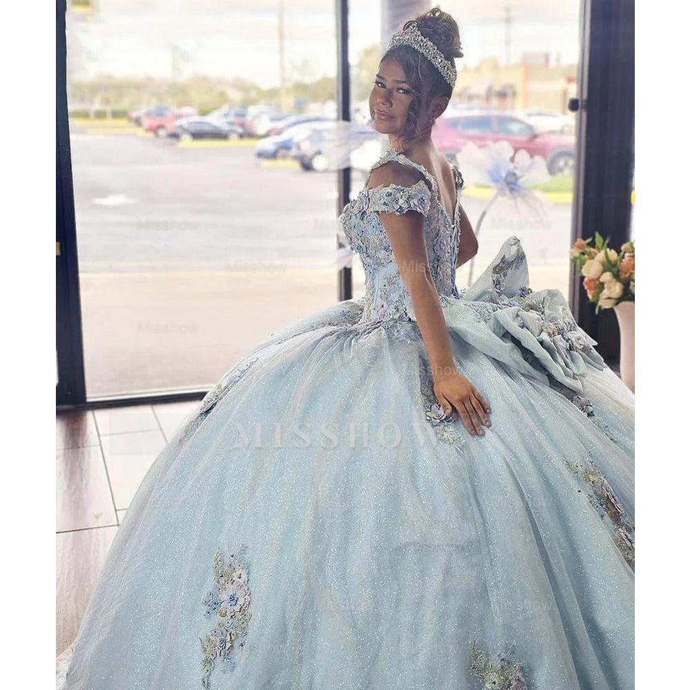 Misshow Exquisite Sky Blue Ball Gown Off-Shoulder Beaded Tulle Quinceanera Dress with Floral Appliques for Princess Birthday & Sweet 16 Celebrations