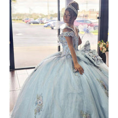 Misshow Exquisite Sky Blue Ball Gown Off-Shoulder Beaded Tulle Quinceanera Dress with Floral Appliques for Princess Birthday & Sweet 16 Celebrations