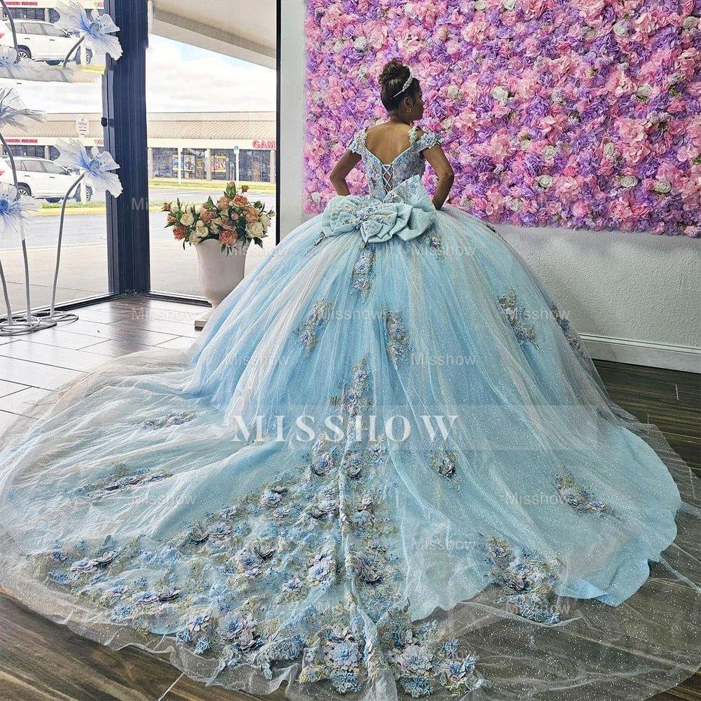 Misshow Exquisite Sky Blue Ball Gown Off-Shoulder Beaded Tulle Quinceanera Dress with Floral Appliques for Princess Birthday & Sweet 16 Celebrations